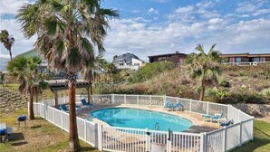 Une piscine rectangulaire entourée d’une clôture blanche, bordée de palmiers et d’une pelouse.