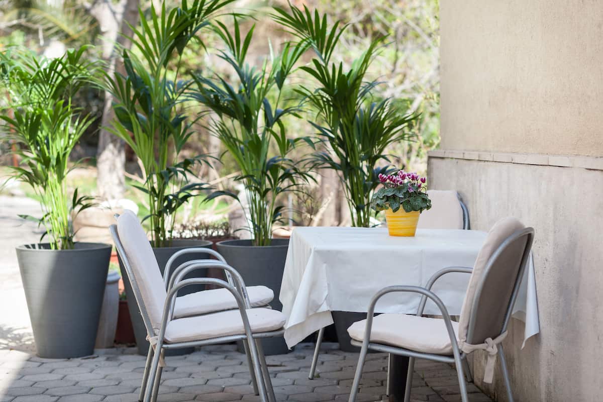 A patio with a table and chairs, surrounded by potted plants.