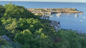 A coastal town with boats docked at a harbor, surrounded by lush greenery and a clear view of the sea. - The View: The Name Says It All (Rockport)