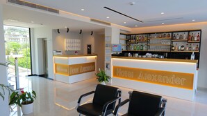 A hotel reception area with two reception desks, a plant, and a bar area with shelves of liquor bottles. - Hotel Alexander (Ksamil)
