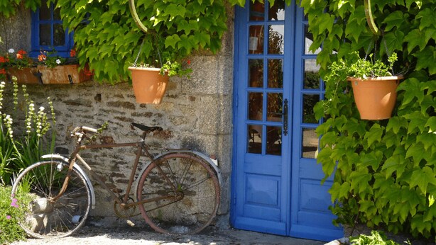 A rustic stone wall with a blue door, a bicycle, and hanging planters with greenery. - Cottages, bed and breakfasts in the heart of the North Finistère countryside. (Plouégat-Moysan)