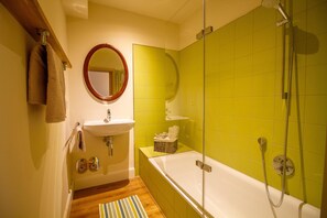 Hair dryer, towels, soap, toilet paper