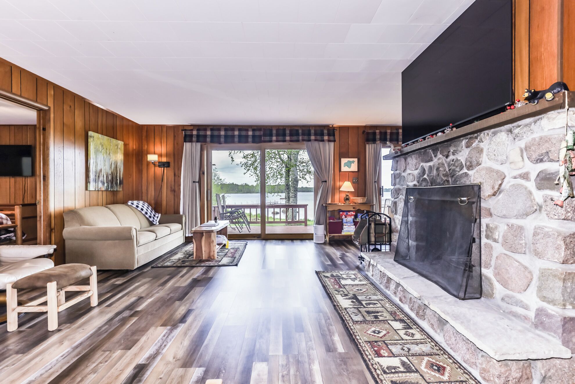 Smart TV, fireplace, video games, DVD player