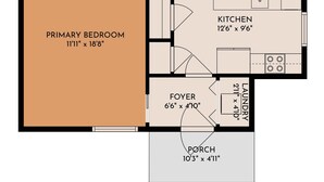 Un plan d’étage d’une maison comprenant une chambre, un salon, un coin repas, une cuisine, une chambre principale, deux salles de bain, un couloir, un hall d’entrée, une véranda et une terrasse.