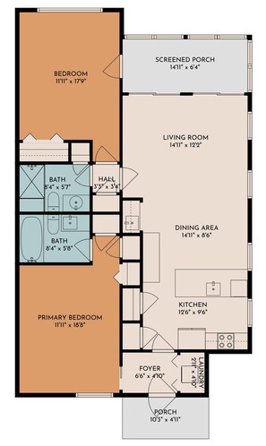 Un plan d’étage d’une maison comprenant une chambre, un salon, un coin repas, une cuisine, une chambre principale, deux salles de bain, un couloir, un hall d’entrée, une véranda et une terrasse.