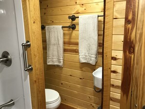 Combined shower/bathtub, hair dryer, towels, soap