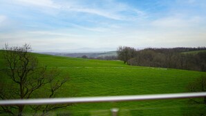A green field with a fence and trees in the foreground. - Charming countryside cottage for couples with private hot tub and communal games room. (Barnstaple)