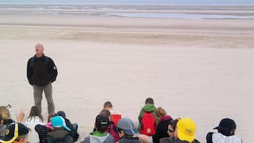 A beach with a group of people gathered, some standing and some sitting, facing a person standing in the middle.