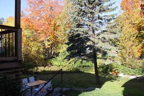 A patio area with a table and chairs, surrounded by trees with autumn foliage.