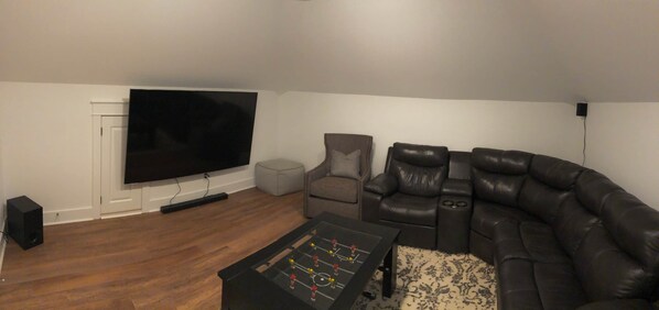 Smart TV, fireplace, video games, table football