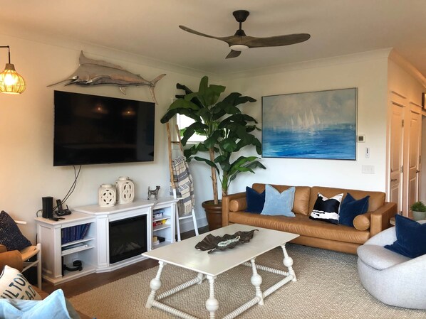 Smart TV, fireplace, video games, foosball