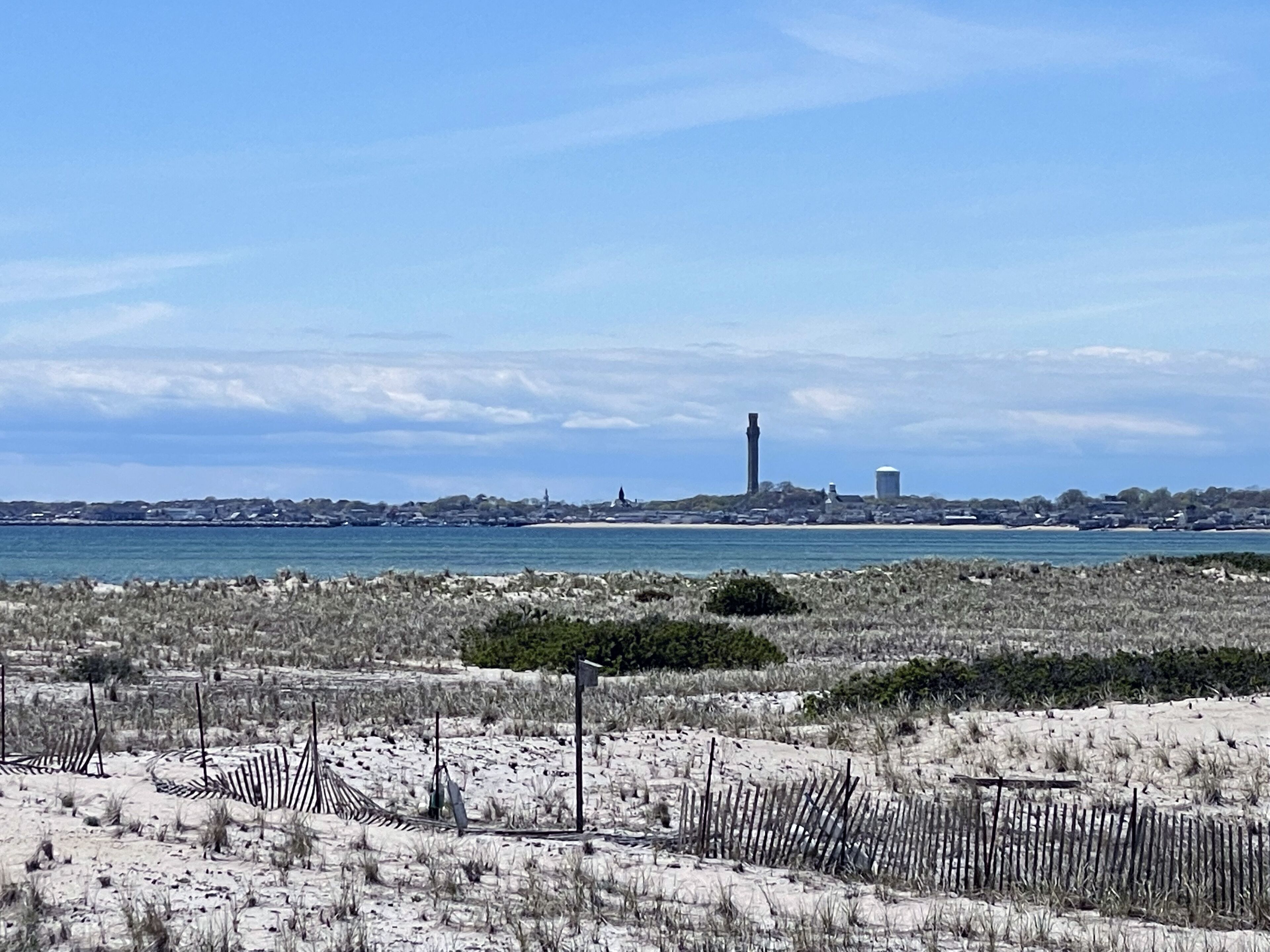 Un paisaje costero con un faro, dunas arenosas y una masa de agua.