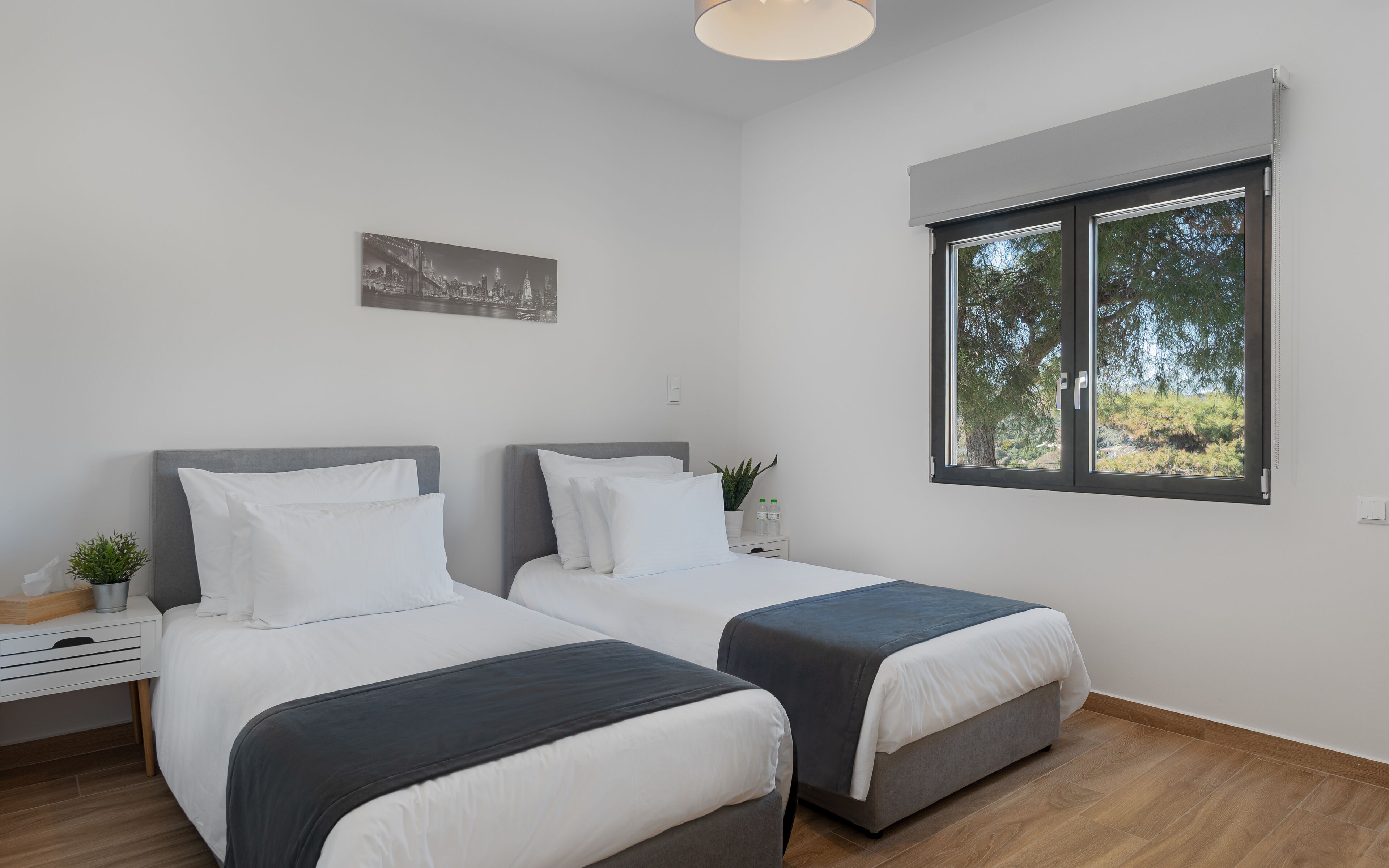 A bedroom with two beds, a nightstand with a plant, a window with a view of trees, and a painting on the wall.
