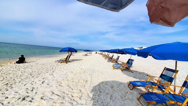 A beach with rows of blue beach chairs and umbrellas, a person sitting on the sand, and the ocean in the background. - Cozy Beach Condo with Private Beach, heated pool, High Speed WiFi, and More. (Orange Beach)