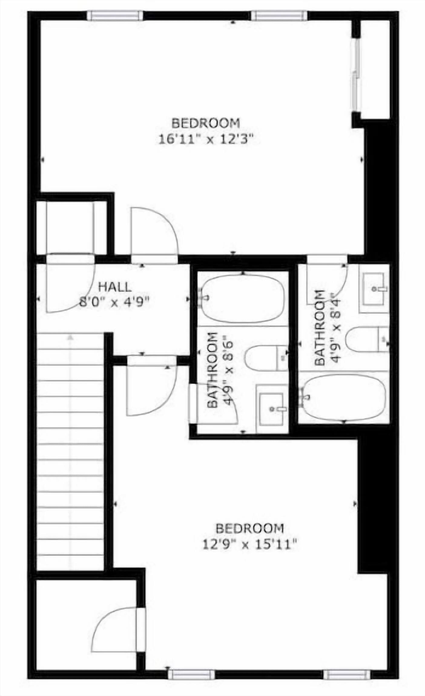Un plan d’étage comprenant deux chambres (5,18 m x 3,73 m et 3,91 m x 4,57 m), un couloir (2,44 m x 1,45 m) et deux salles de bain (1,45 m x 2,59 m et 1,45 m x 2,54 m).
