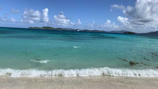 A beach with clear turquoise water, gentle waves, and distant islands. - Sapphire Beach Villa (St. Thomas)