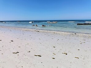 Una playa con agua cristalina, barcos y gente nadando.