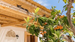 A building with a bamboo roof and two cats on the upper level. - Authentic Sicilian Charm With Pool, Sea View, Parking & Wifi (Avola)