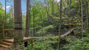 A forested area with a wooden platform and a rope bridge. - Hideaway at Harvest Moon (Sylva)