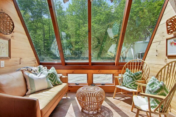 Smart TV, fireplace, books