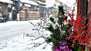 Una calle nevada con edificios y un arreglo decorativo de ramas de pino y bayas rojas en primer plano.