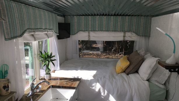 A compact, well-lit room with a bed, a small sink, a potted plant, and a window with a view of the outdoors.