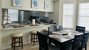 A modern kitchen with a central island, bar stools, and a dining table set for six.