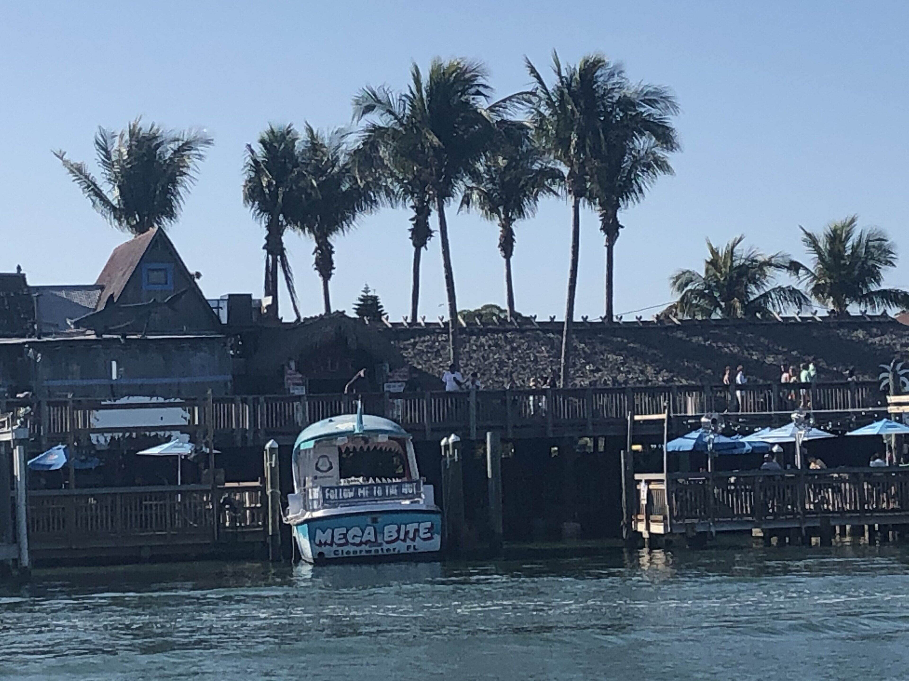 A boat named "MEGA BITE" docked at a pier with a wooden fence and palm trees in the background.