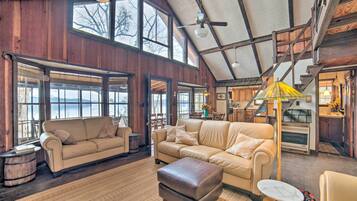 TV, fireplace, books, video library