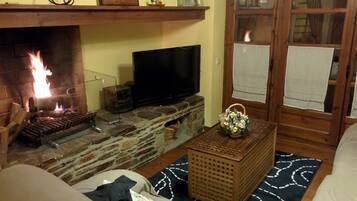 Télévision, cheminée, livres, chaßne hi-fi