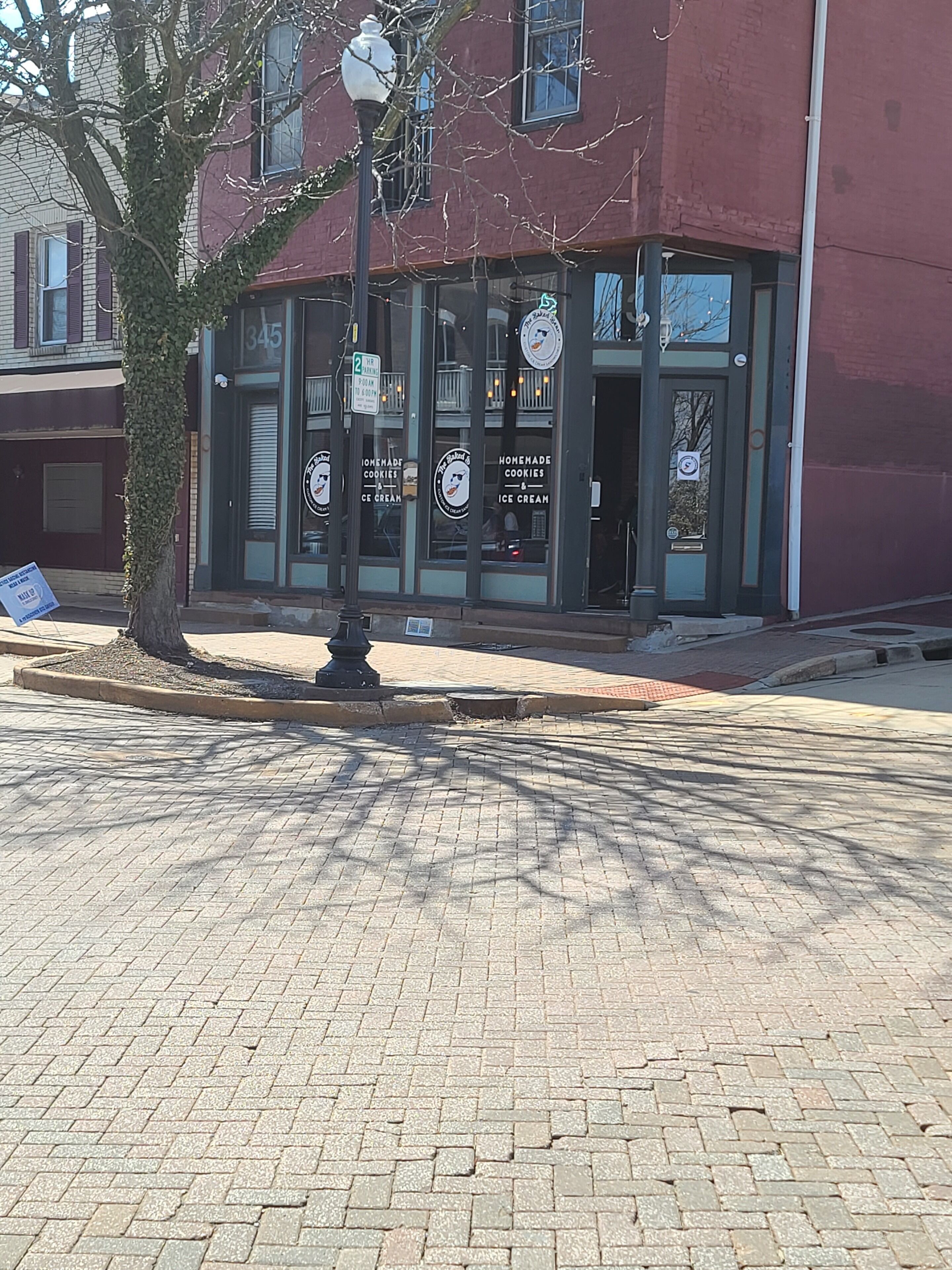 A building with a brick facade, a tree in front, and a street lamp.