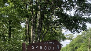 A wooden sign indicating the Sproul State Forest and the Department of Conservation and Natural Resources.