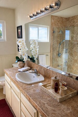 Combined shower/bathtub, eco-friendly toiletries, hair dryer, towels