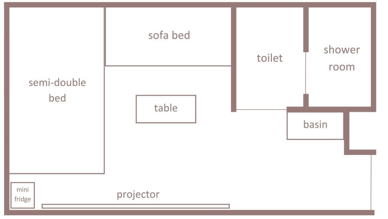 A room layout with a sofa bed, semi-double bed, table, mini fridge, projector, toilet, shower room, and basin.