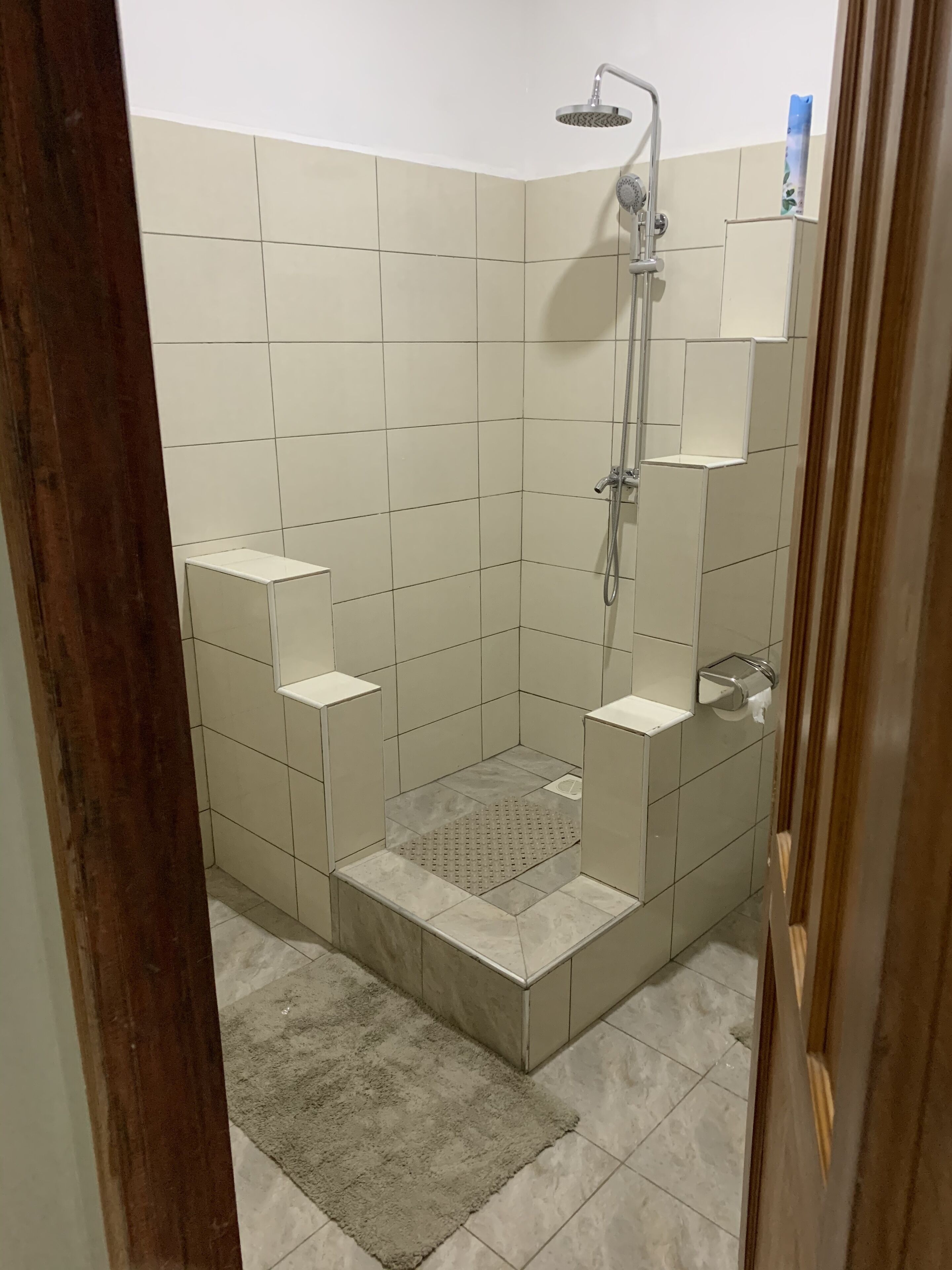 Chuveiro, secador de cabelo, toalhas de banho, sabonete