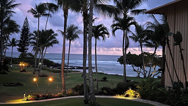 A view of a coastal landscape with palm trees and a building. - "Pacific Paradise" - Lae Nani 425 - Upgraded Second Floor 2 Bedroom | 2 Bathroom-with A/C (Kapaa)
