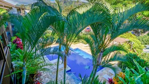 A pool surrounded by lush tropical plants, with a view of a mountain in the background. - "Oceanfront Condo: Coconut Tree & Ocean Views, Whale Watching, Paddlers, and Surfers at Wailua Bay!" (Kapaa)