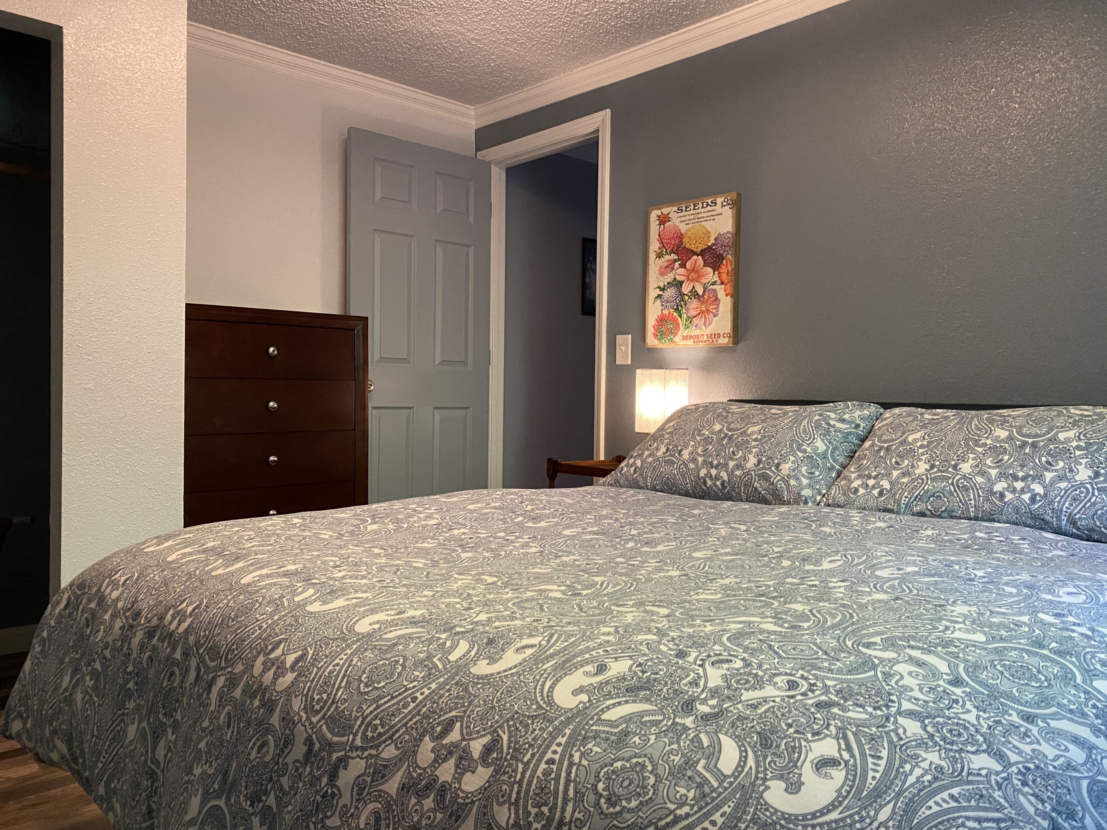 A bedroom with a bed, a dresser, a door, and a wall-mounted picture.