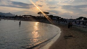 A beach with umbrellas and people, a sunset, and trees in the background.
