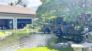 A pond with a waterfall, surrounded by rocks and lush greenery.