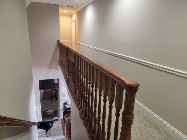 A wooden staircase with a handrail, leading to a room with a dining area and a dog. - Waterfront home with dock, gazebo, and fenced yard (Lewes)