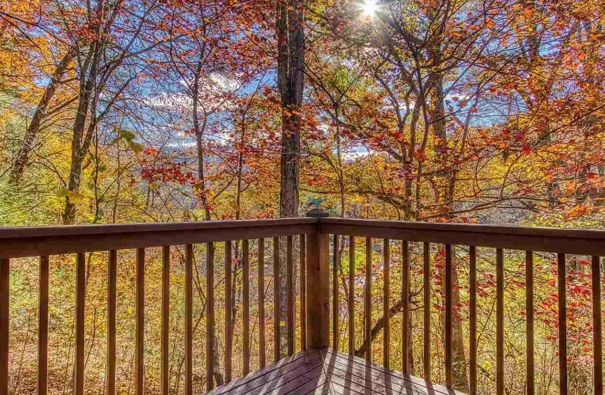 A wooden deck with a view of autumn foliage.