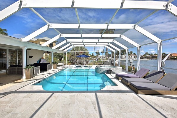 A heated pool, pool umbrellas