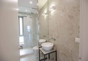 Shower, hair dryer, toilet paper