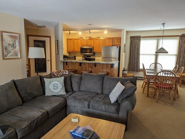 Smart TV, fireplace, DVD player, books