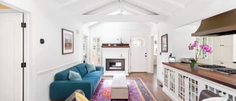 Smart TV, chimenea, reproductor de DVD y libros