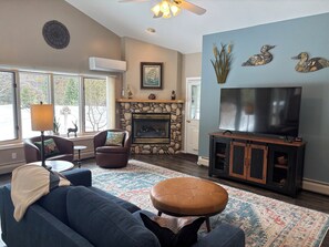 Smart TV, fireplace, DVD player, video library