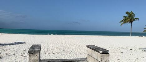 On the beach, sun-loungers, beach towels