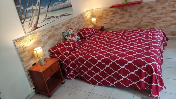 Une chambre à coucher avec un lit, deux tables de chevet, une table de nuit et de nombreuses horloges murales.