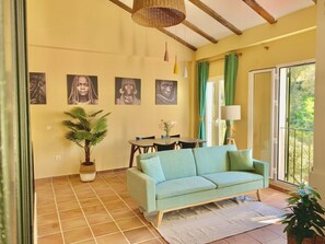 Smart TV, fireplace, books